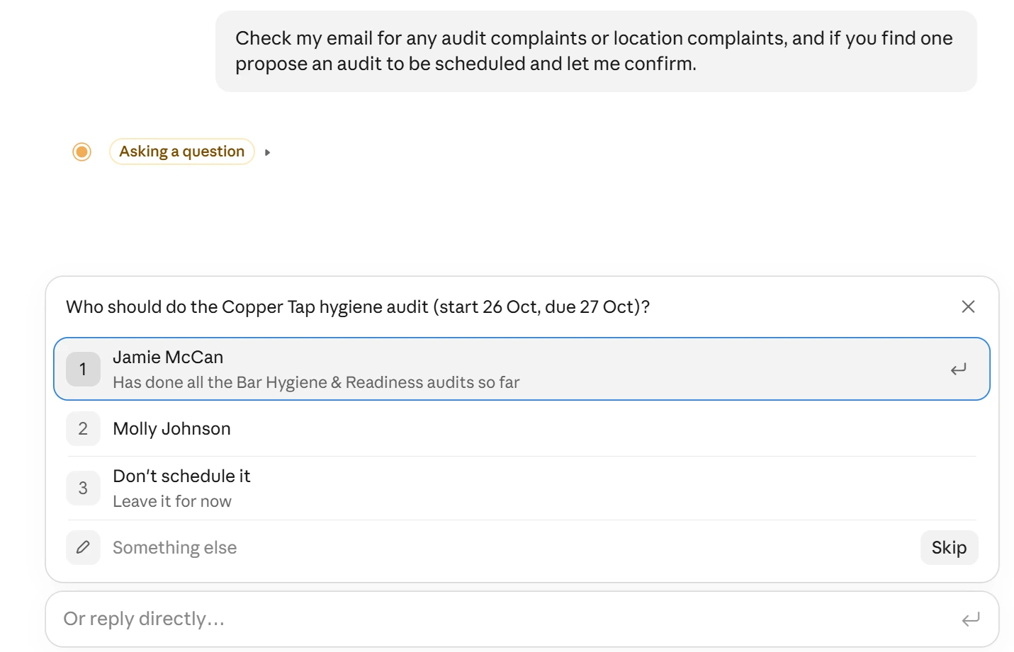 Claude asking for confirmation before creating an audit based on a client complaint