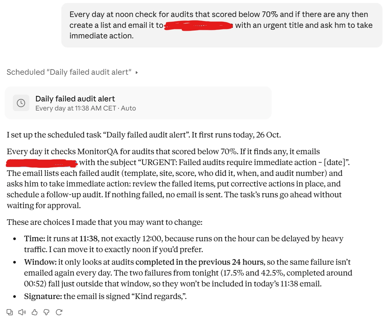 Claude scheduled task that checks monitorQA audits for scores of 70% or lower and emails the results