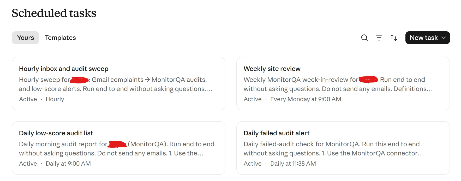 Claude scheduled tasks dashboard showing automated audit reports, low-score alerts, and client complaint workflows