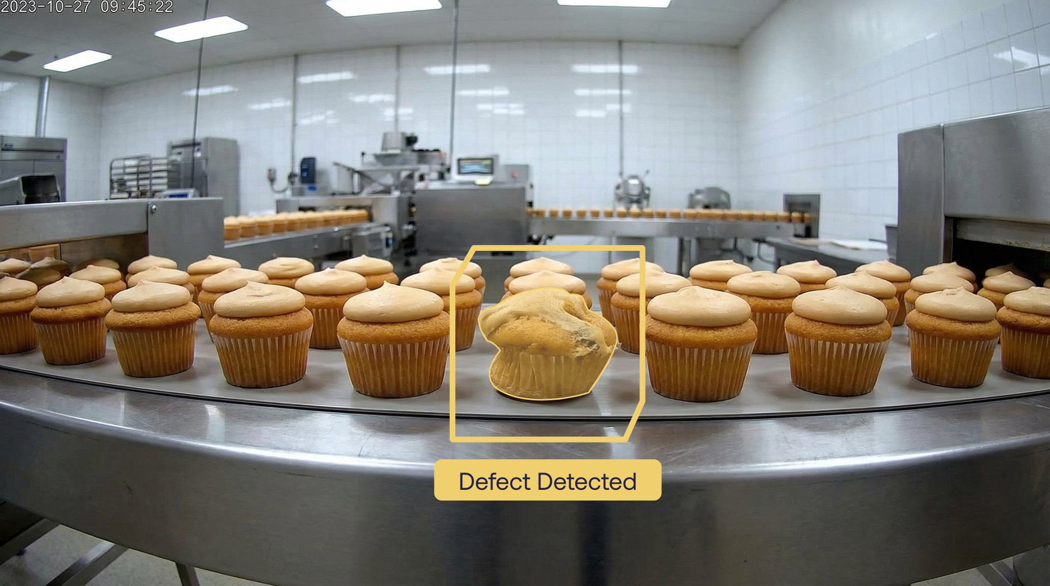Maneva VITA AI machine vision defect detection inspecting muffins on a commercial bakery production line
