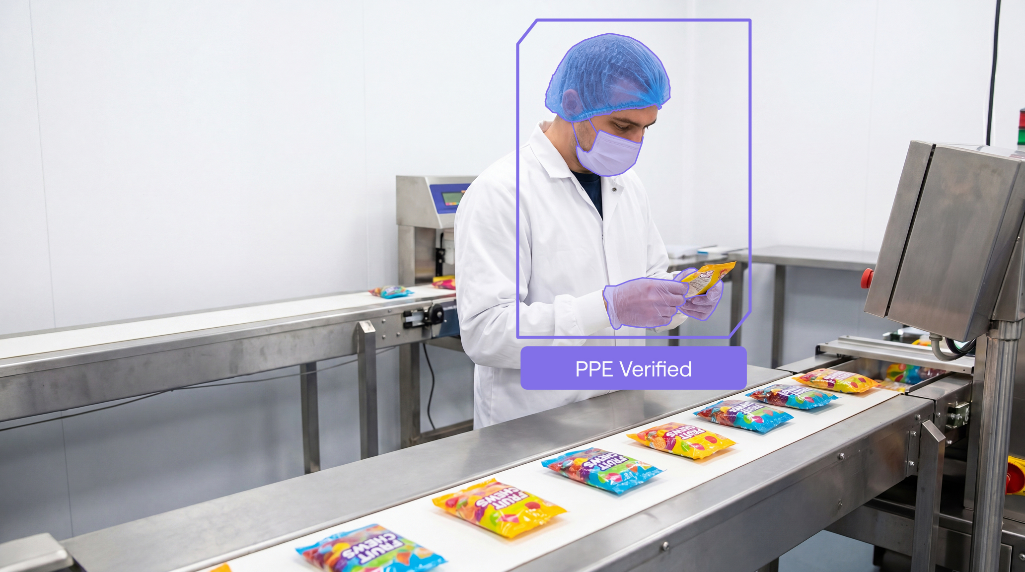 Maneva ALIS AI agent verifying full PPE compliance on a worker inspecting product on a confectionery production line