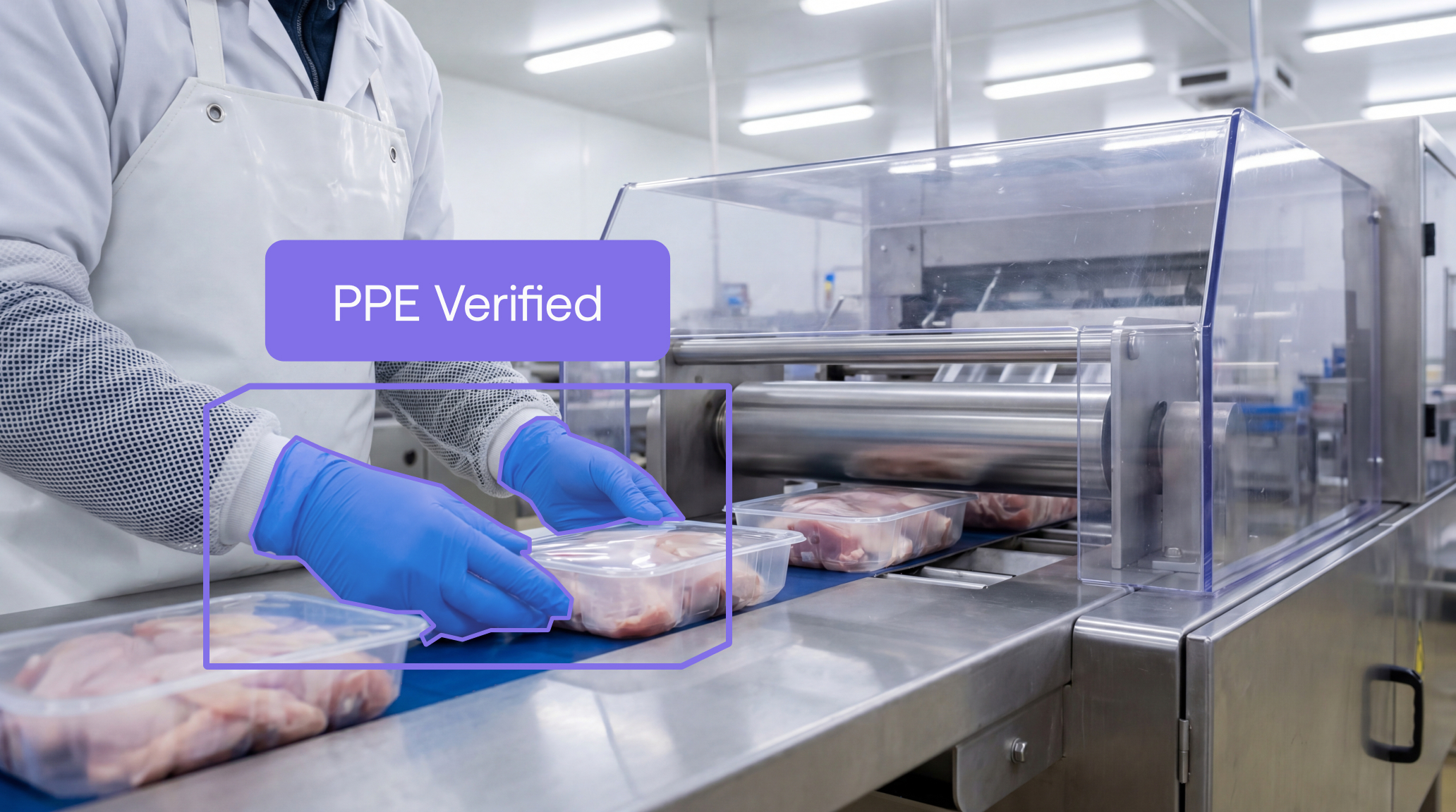 Maneva ALIS AI agent verifying PPE glove compliance at a meat packaging station in real time
