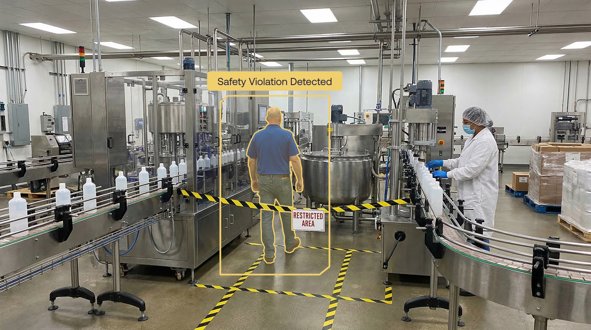 Maneva ALIS AI factory safety monitoring agent detecting a worker entering a restricted production zone without PPE in real time