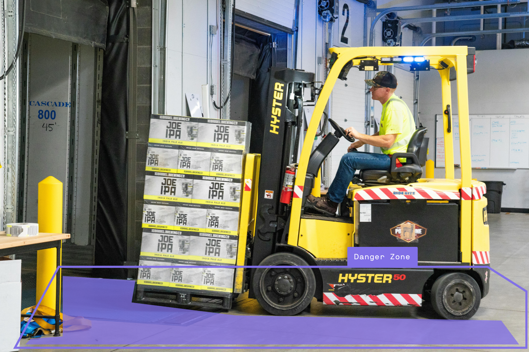 Maneva ALIS AI camera system mapping a forklift's real-time danger zone in a warehouse to prevent pedestrian collisions