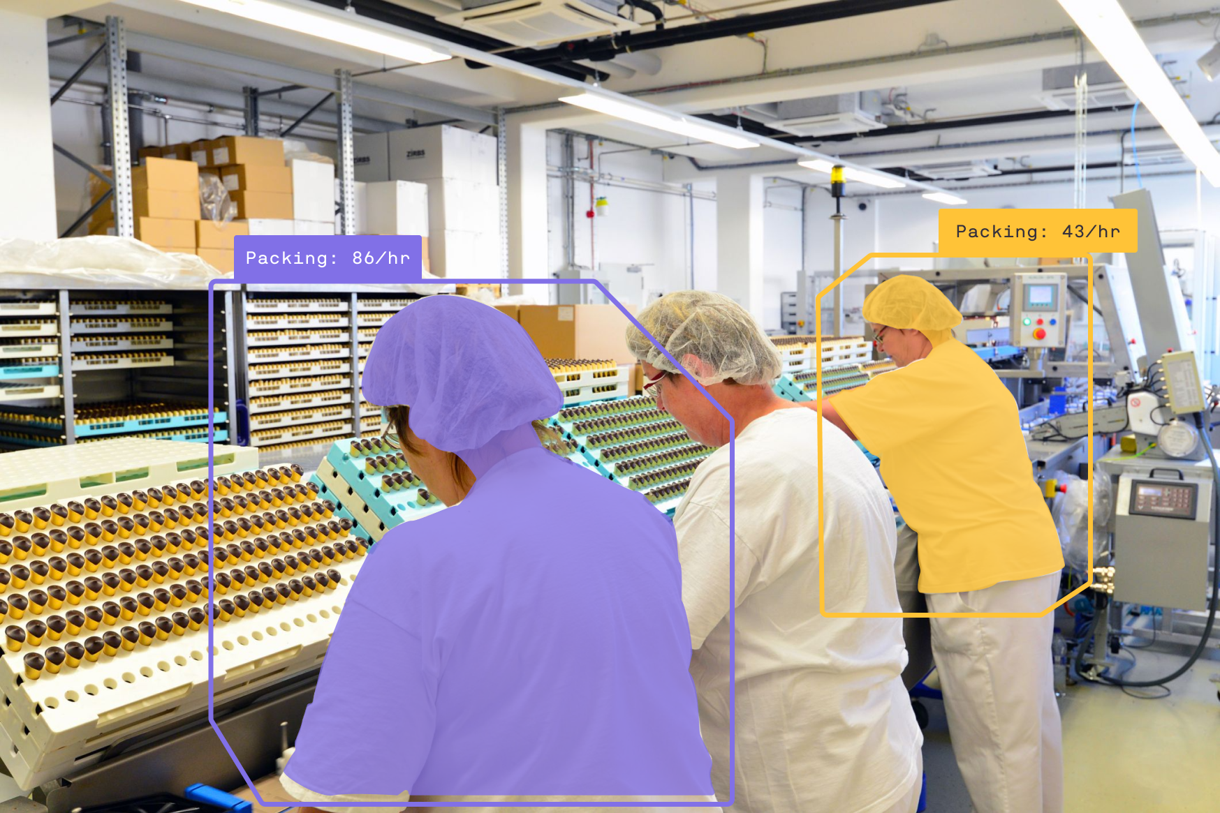 Maneva VITA AI agent tracking real-time packing rates across two operators on a confectionery production line, flagging operational performance differences