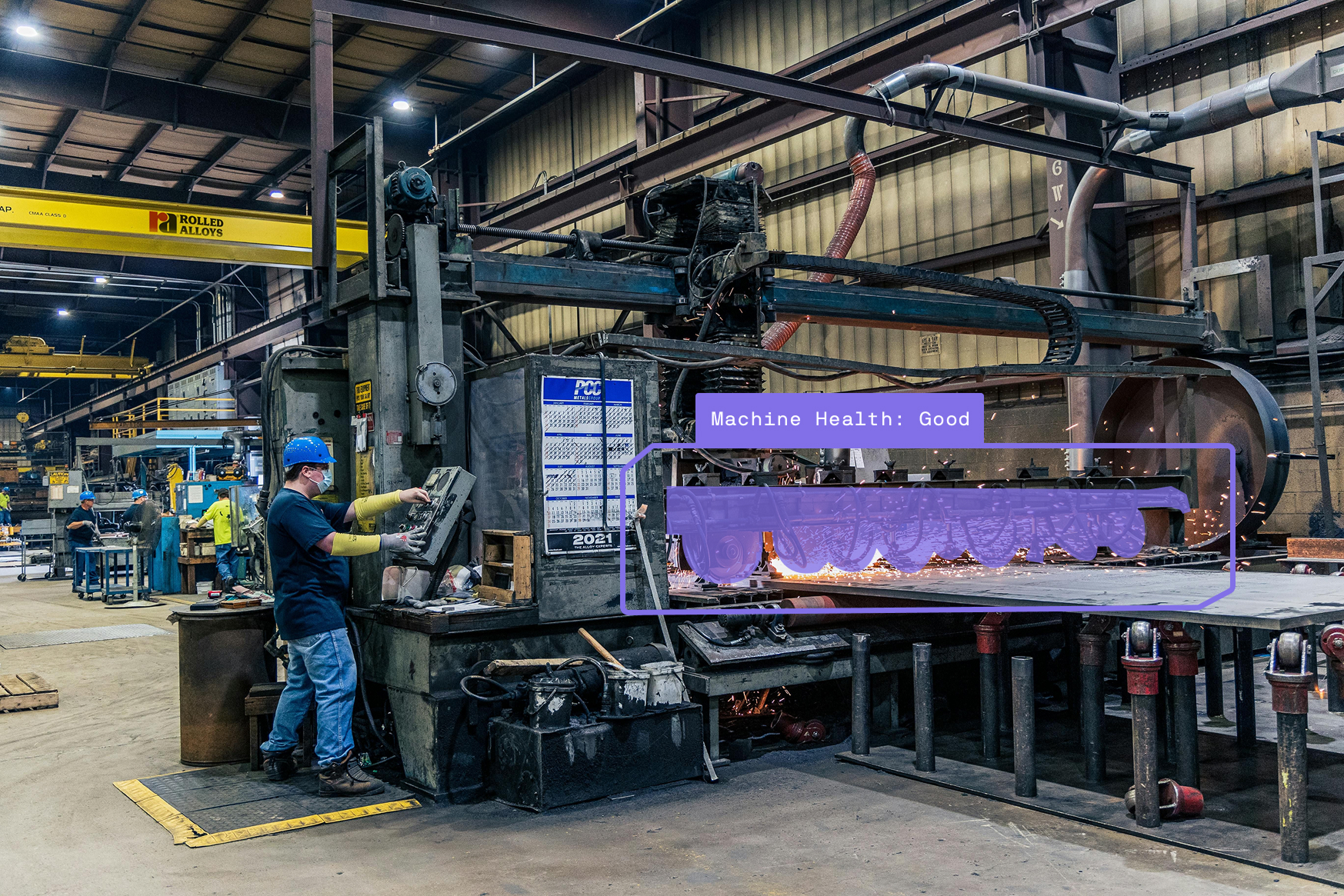Maneva AI agent monitoring real-time machine health on a steel manufacturing production line for plant manager operational visibility