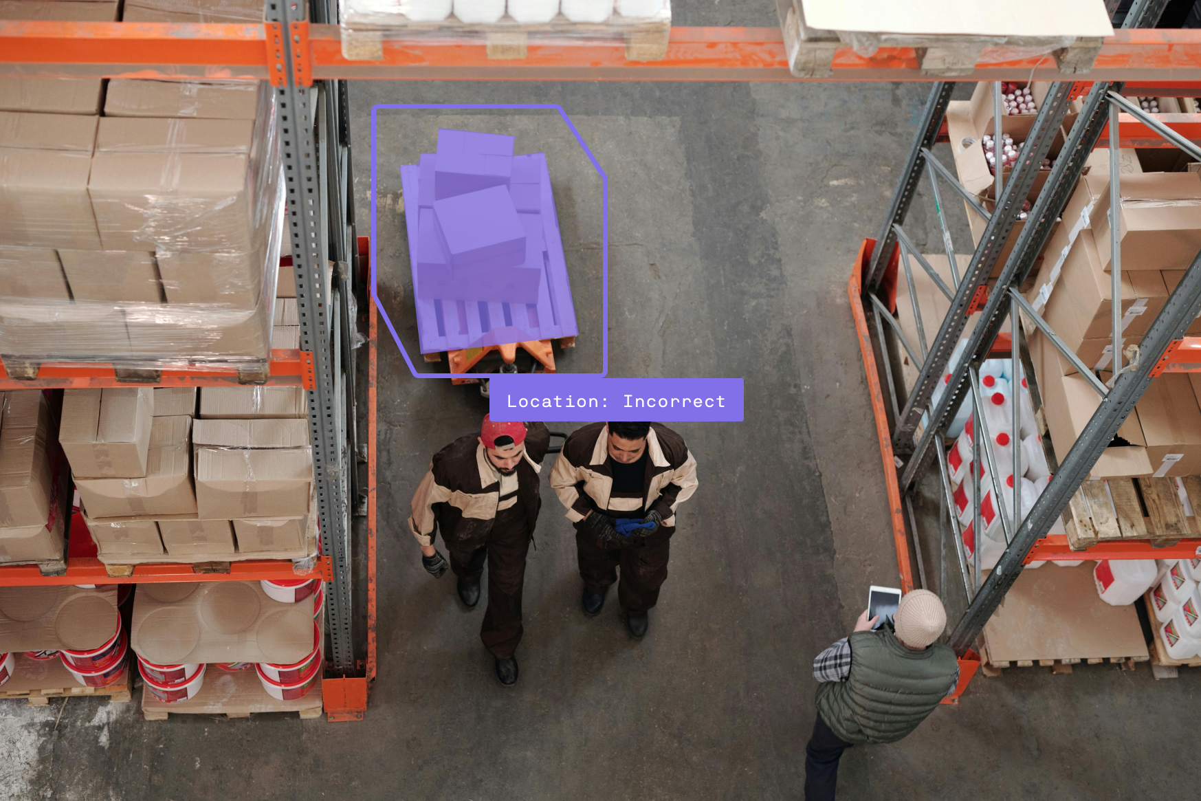 Maneva AI agent detecting an incorrect pallet location in a warehouse distribution facility in real time