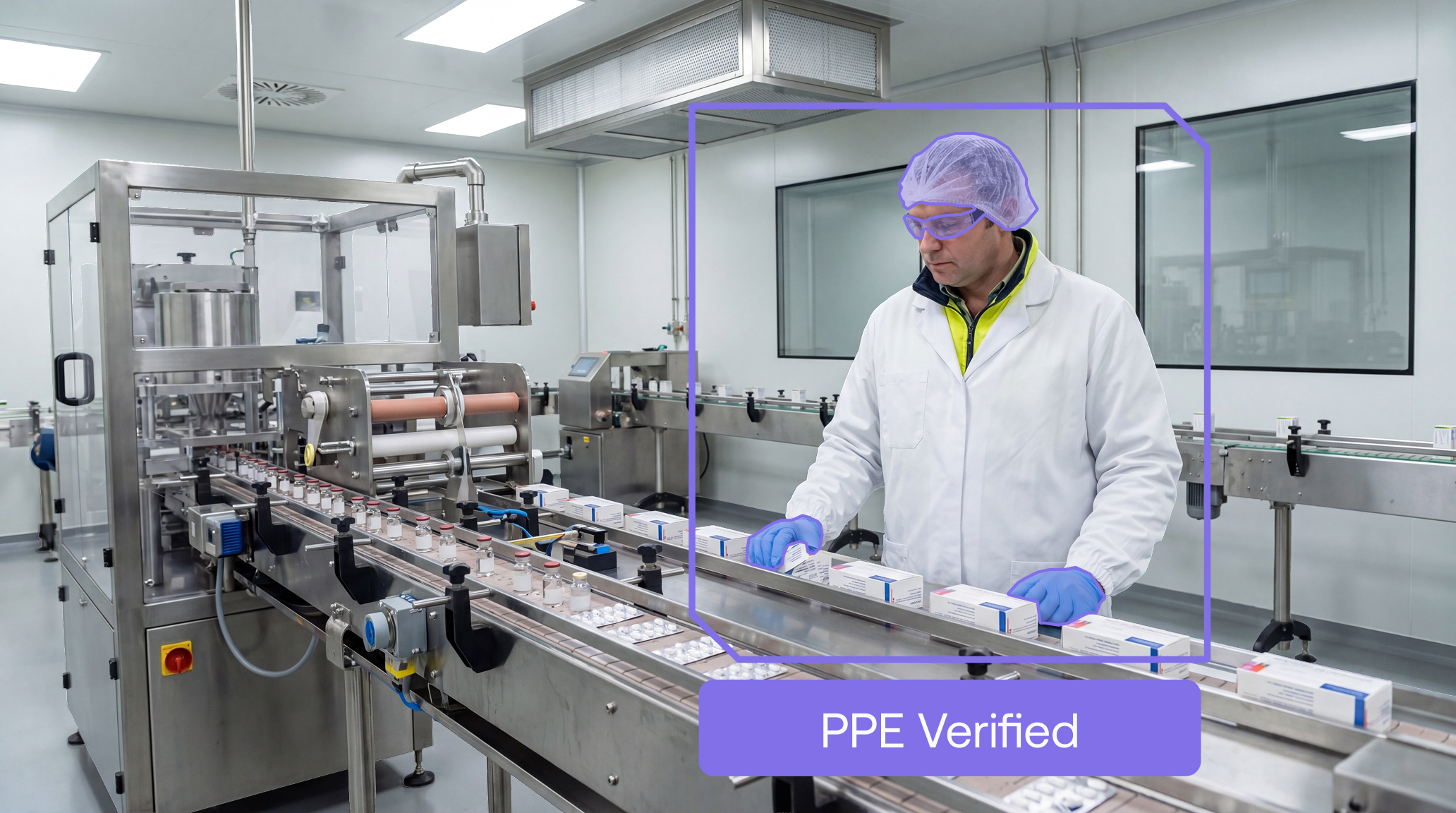 Maneva ALIS AI agent verifying full PPE compliance on a worker on a pharmaceutical packaging line in real time