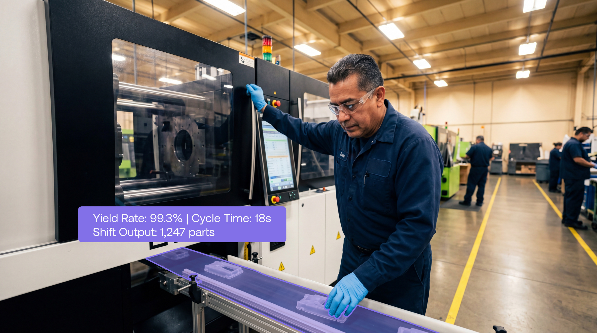 Maneva AI agent measuring real-time yield rate, cycle time, and shift output on a plastics manufacturing line for continuous OEE uplift monitoring