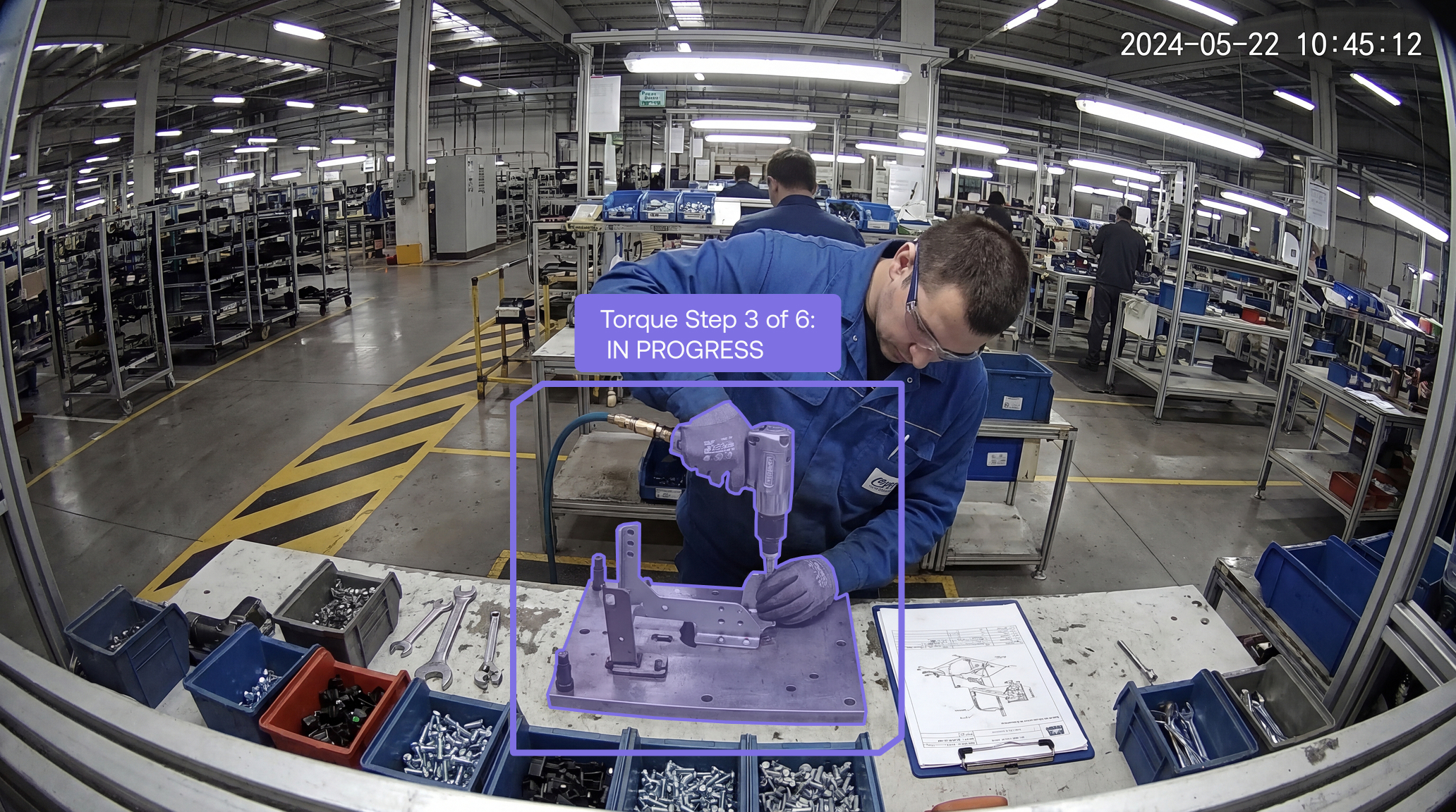 Maneva AI agent tracking a multi-step torque sequence on an assembly workstation for real-time process compliance and continuous improvement