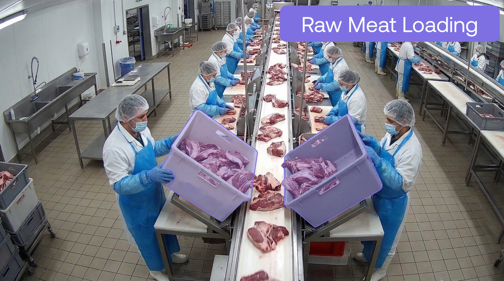 Maneva Video-to-Action AI tracking raw meat loading on a deli production line for real-time OEE and process visibility