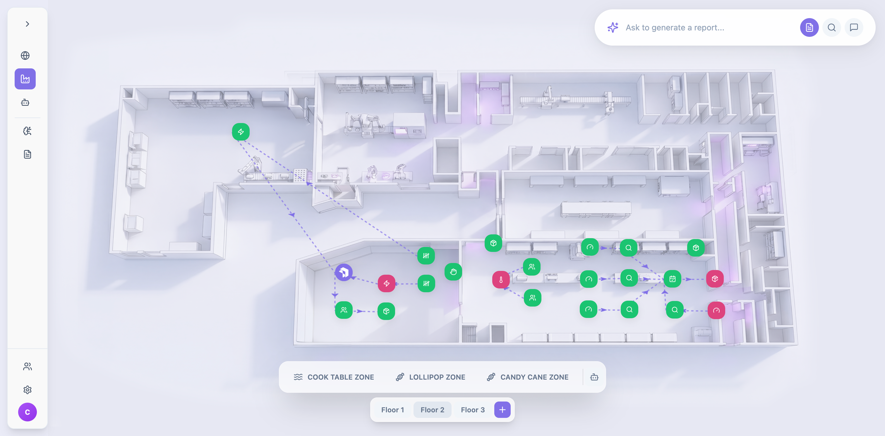 Maneva's Orchestration Platform showing a live facility floor view, a fleet of connected AI agents coordinating across production zones in real time
