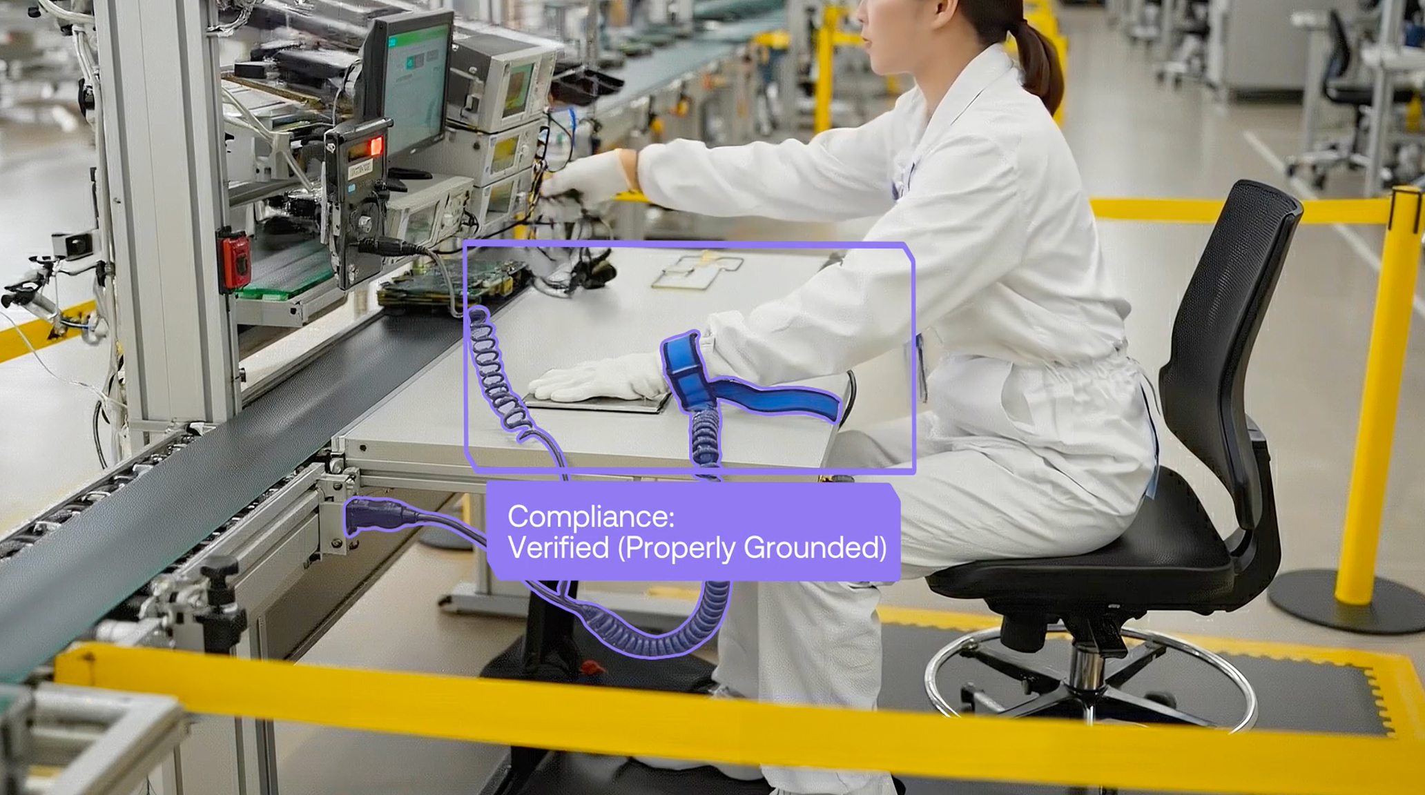 Maneva ALIS AI Line Supervisor verifying ESD and safety compliance on an electronics line in real time