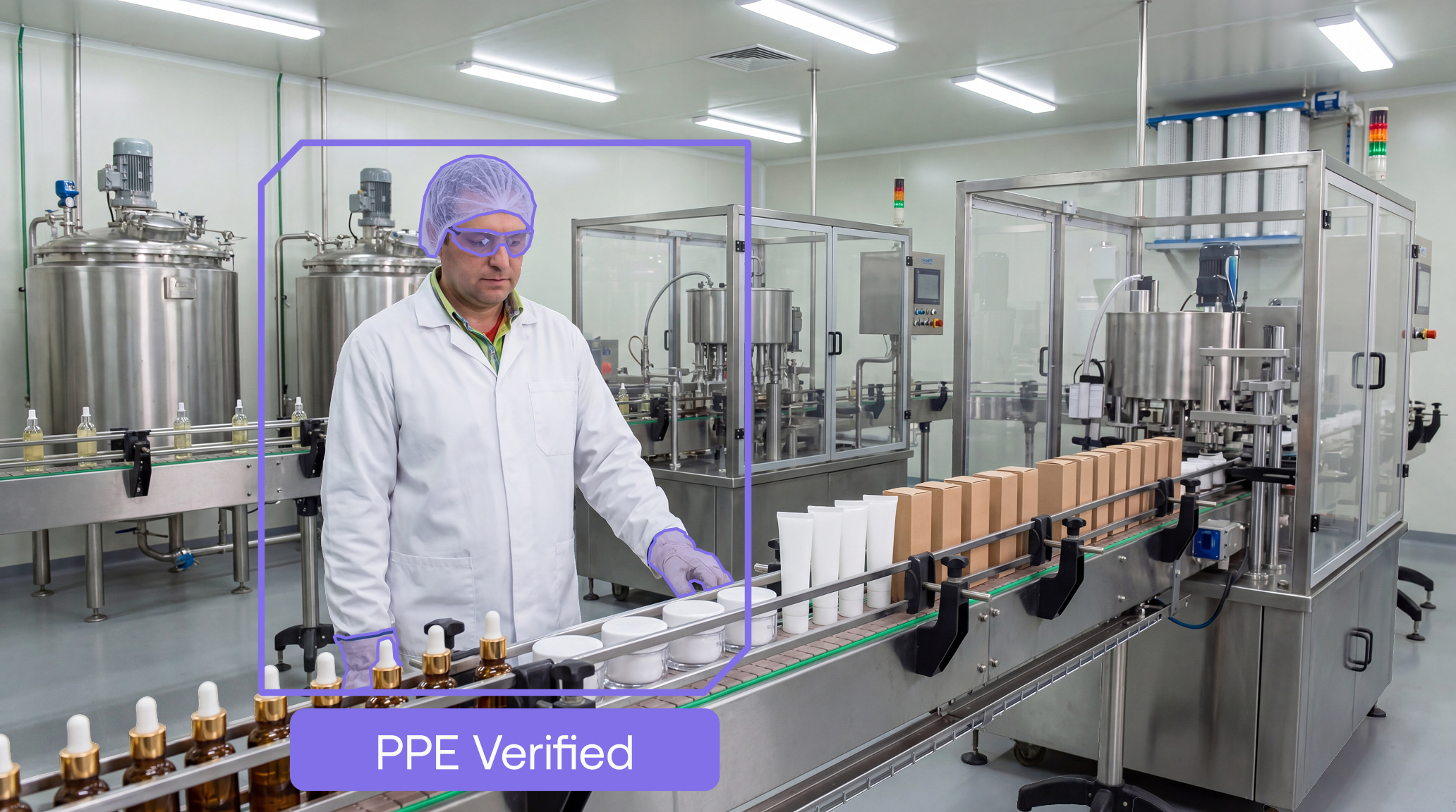 Maneva ALIS AI Line Supervisor verifying PPE, gowning, and hygiene compliance on a cosmetic production line in real time