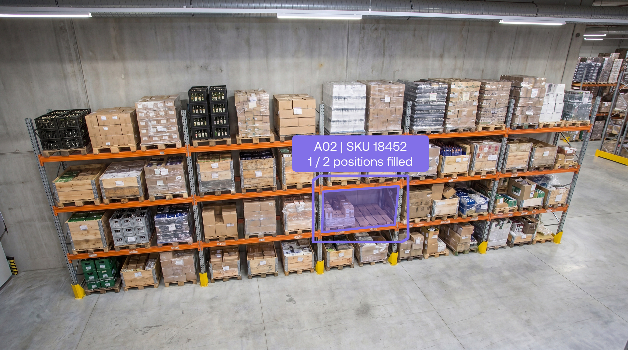 Maneva VITA AI agent verifying pallet position and SKU occupancy on a warehouse racking system in real time