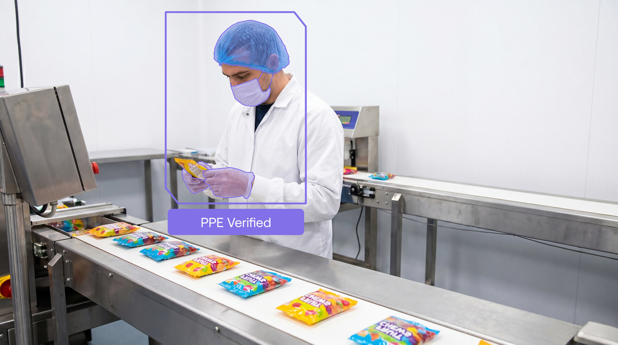 Maneva ALIS AI Line Supervisor verifying operator PPE compliance on a food and beverage packaging line
