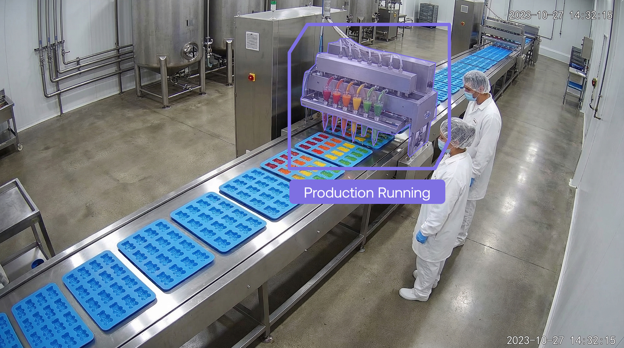 Maneva VITA Video-to-Action AI monitoring a food and beverage production line through a standard overhead security camera feed