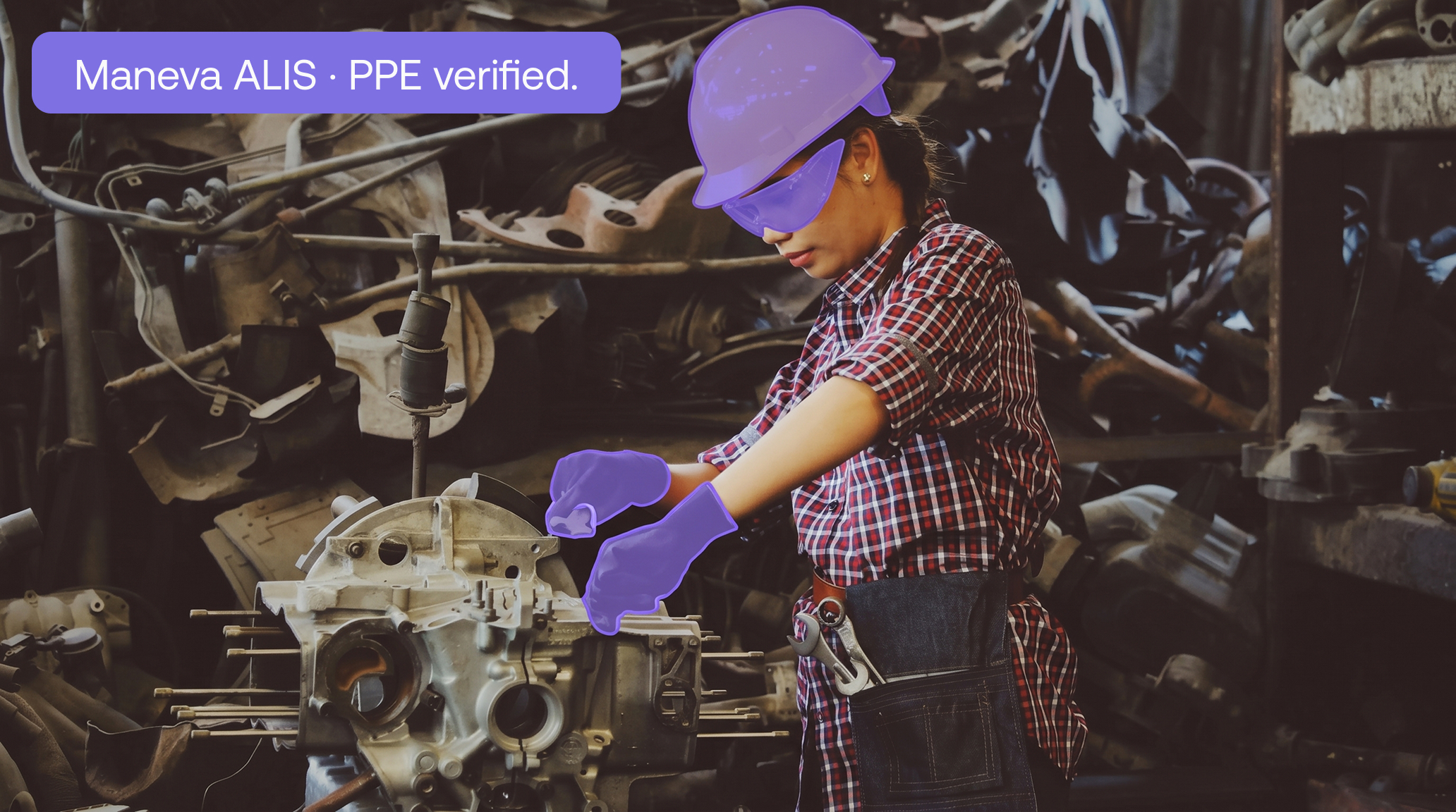 Maneva ALIS PPE compliance check: hard hat, safety glasses and gloves on a worker, each outlined in purple as verified