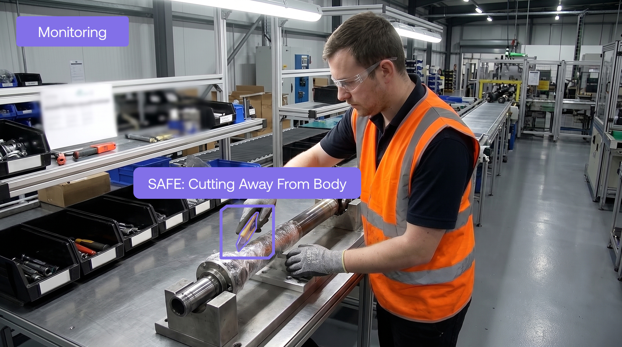 Maneva ALIS verifying a worker cuts away from his body while unwrapping a part at an assembly station