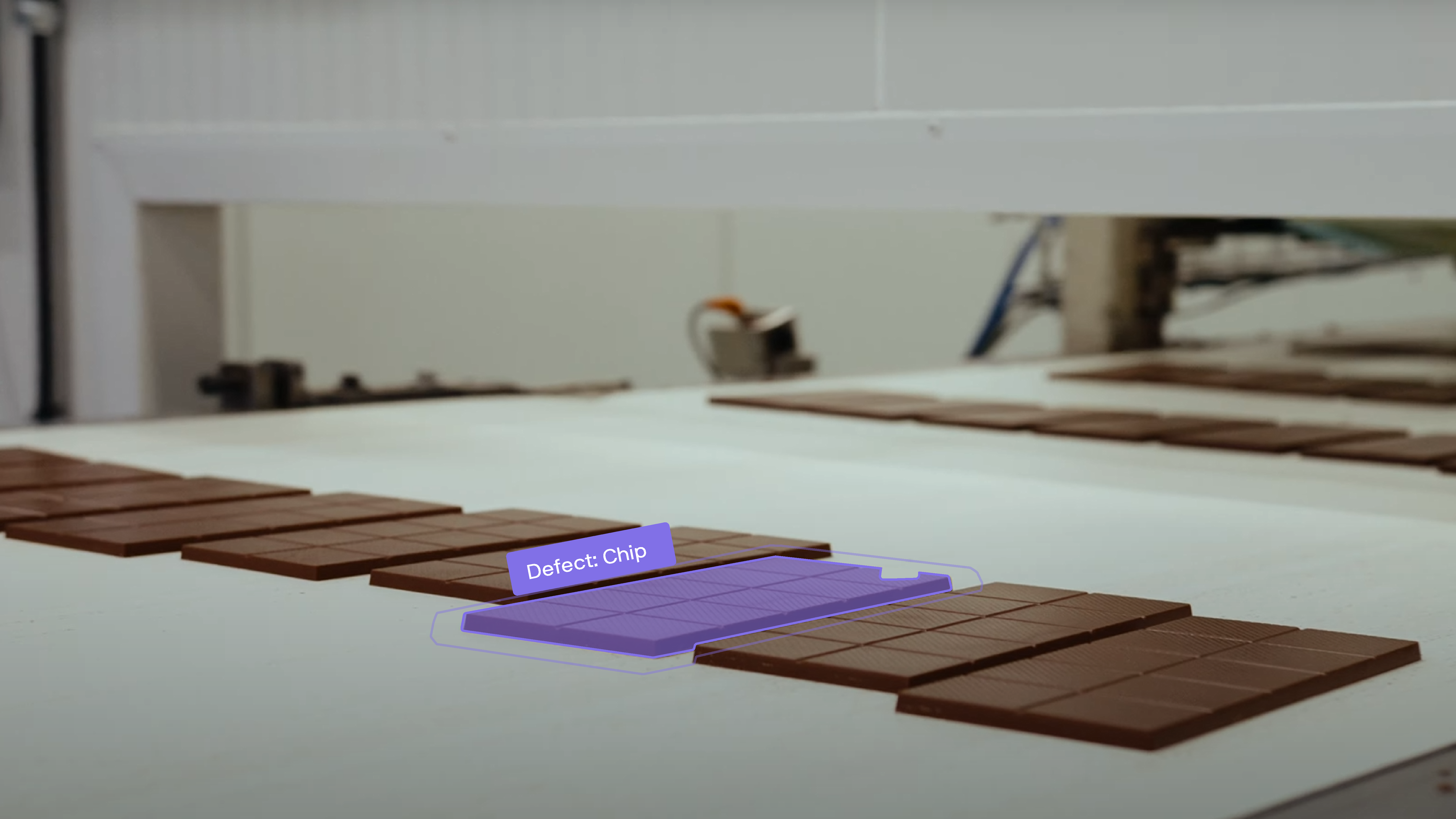 Chocolate bar inspection at line speed exceeds human reliability. See how AI catches surface defects, breaks, and packaging flaws at 99.9% accuracy, 24/7.