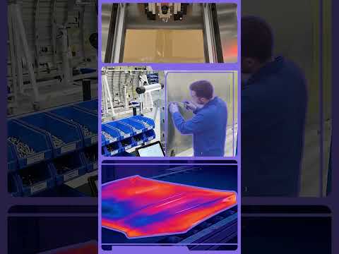 Stacked views of a factory line, a worker at a machine and a thermal heat map, framed in Maneva purple.