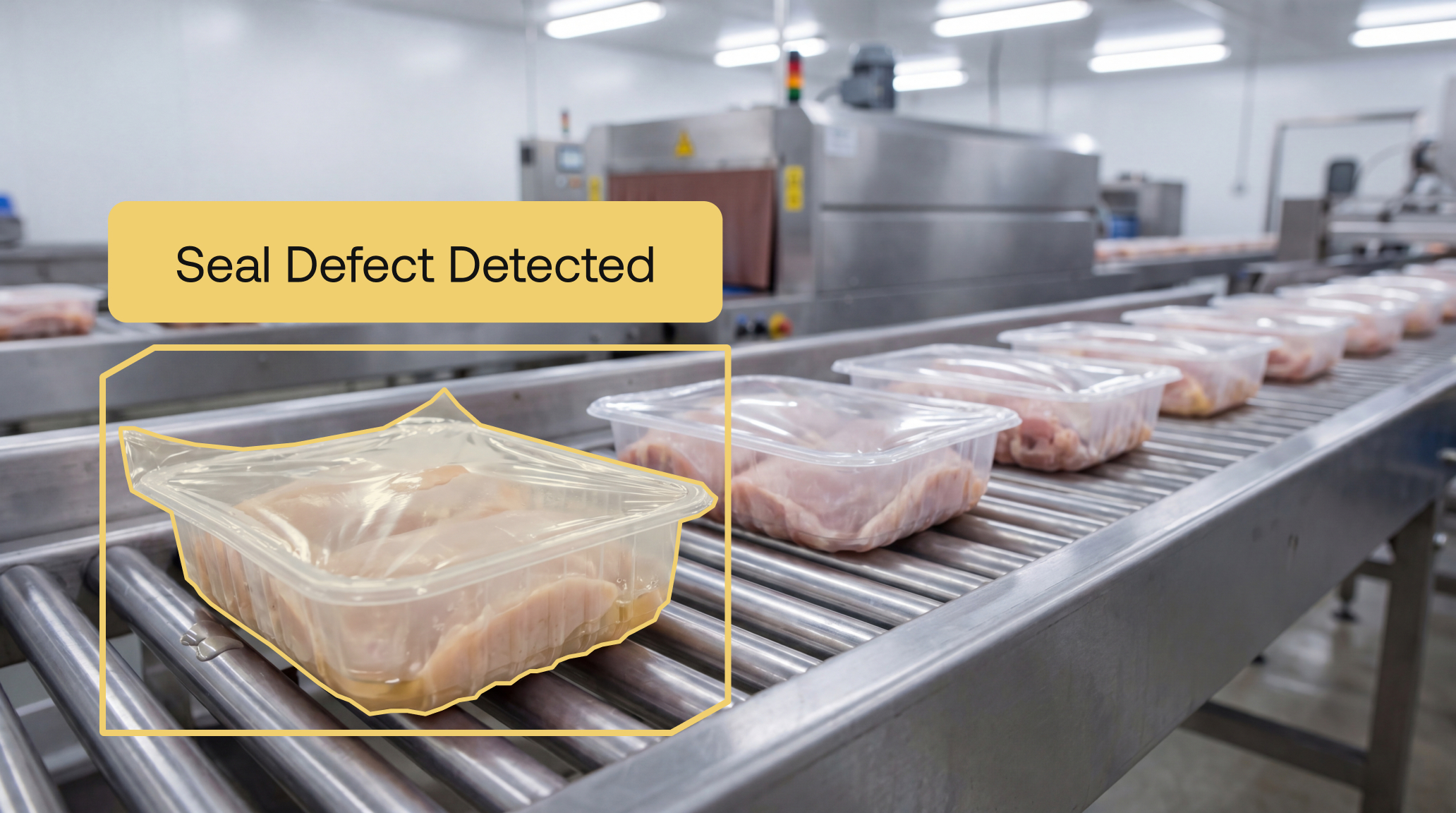 Maneva VITA Video-to-Action AI flagging a defective tray seal on a fresh-protein packaging line