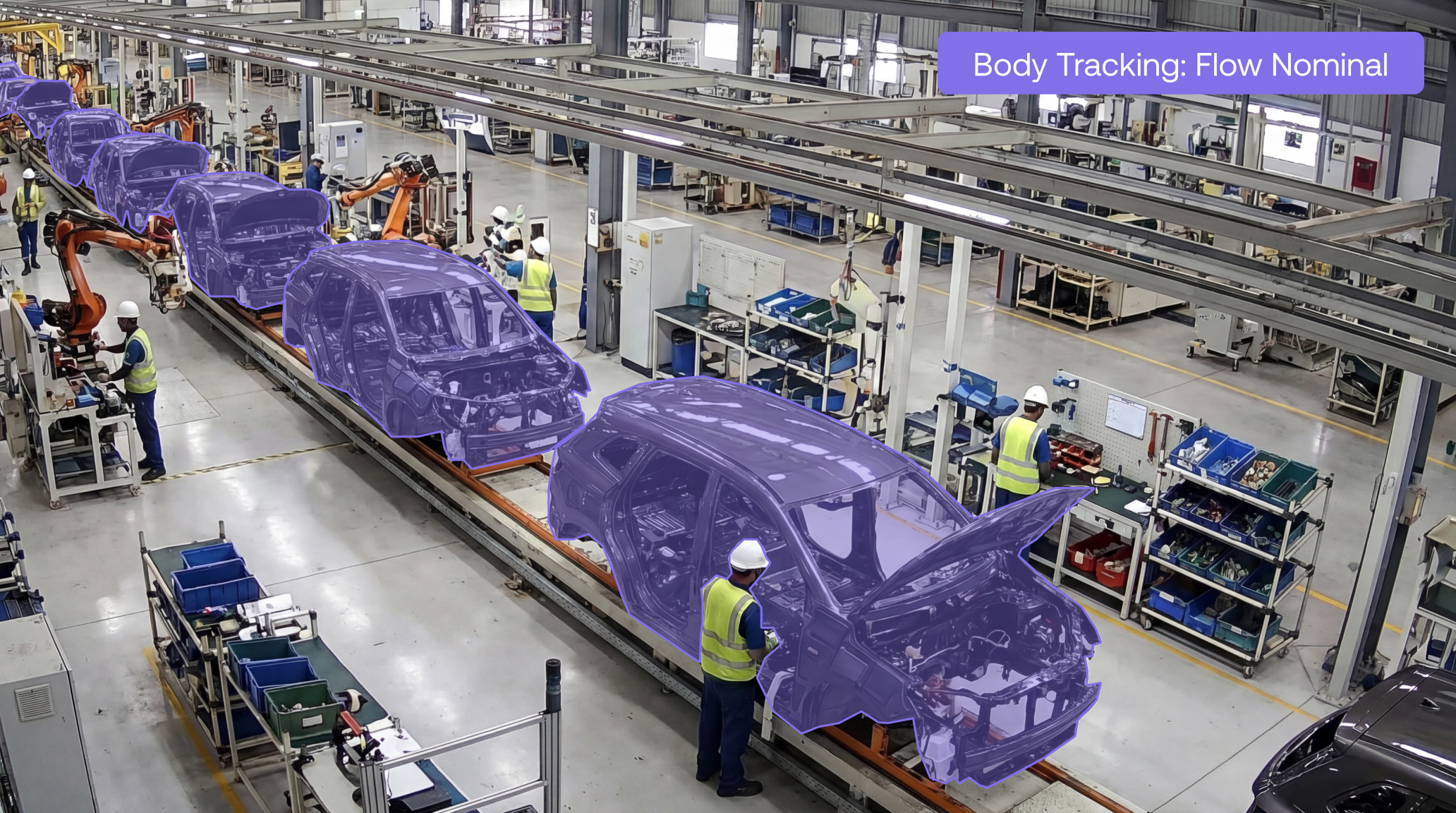 Maneva VITA tracking car bodies on an automotive assembly line, with flow status nominal