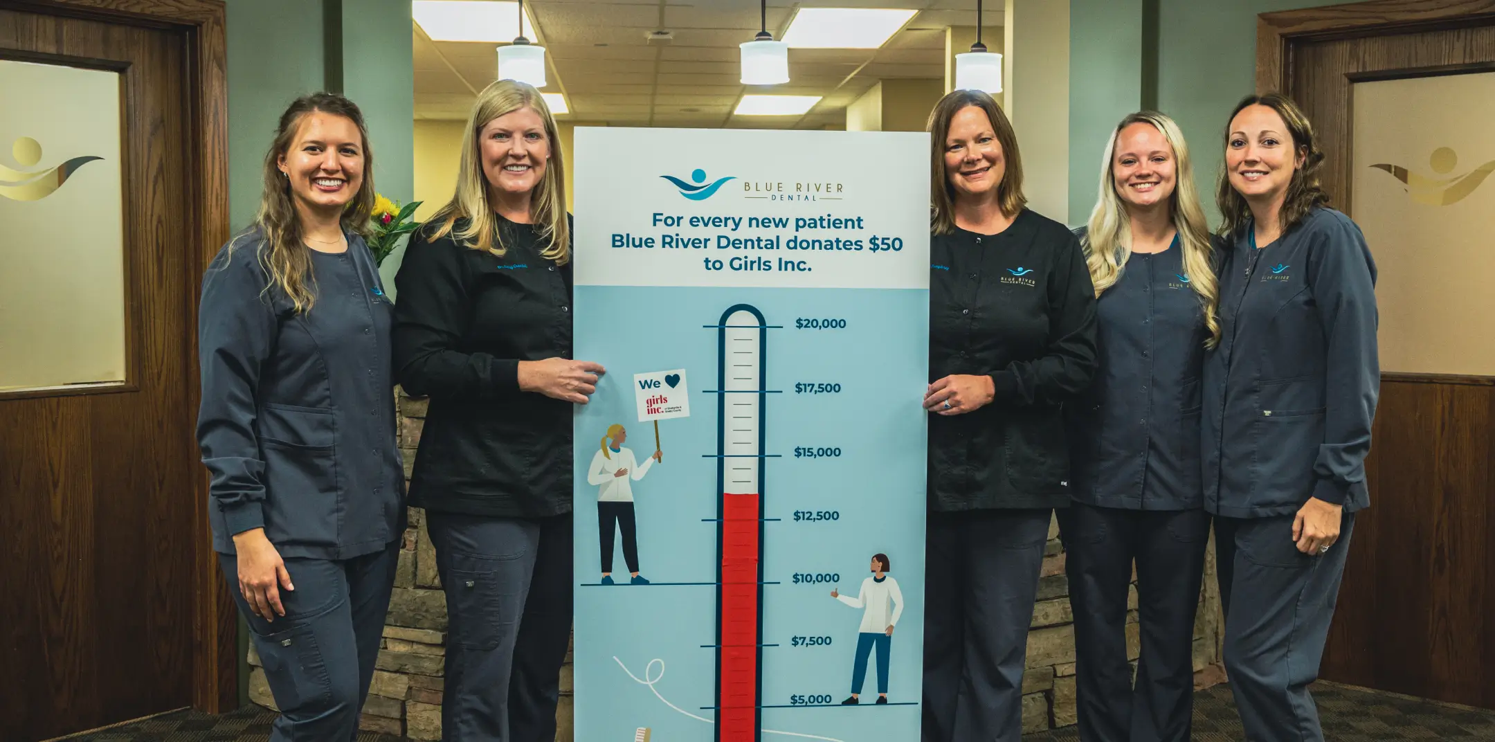 Five smiling women stand beside a donation thermometer poster inside a dental office.