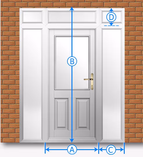 White front door with decorative panels set in a brick wall, showing dimensions labeled A, B, C, and D.