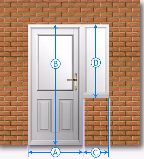 White door set in a brick wall with blue arrows and labels indicating measurements A (door width), B (door height), C (side panel width), and D (side panel height).