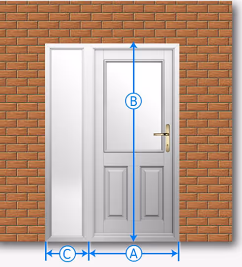 White front door with a side window panel set in a brick wall, showing dimension labels A for door width, B for door height, and C for side panel width.