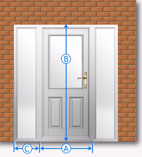 White door with two side panels measuring width (A), height (B), and side panel width (C) against a brick wall.