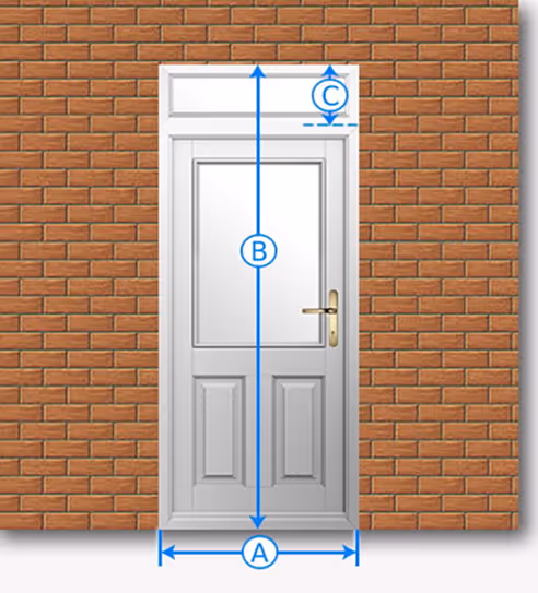 White door set in a brick wall with blue measurement arrows indicating width, full height including top panel, and height of the top panel.