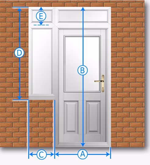 White door with sidelight window on a brick wall, with blue measurement arrows labeled A to E for width and height dimensions.
