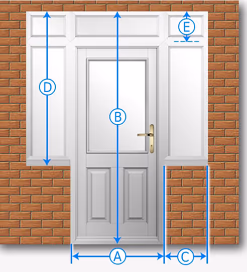 White door with surrounding panels on a brick wall, marked with blue measurement arrows labeled A, B, C, D, and E for width and height dimensions.