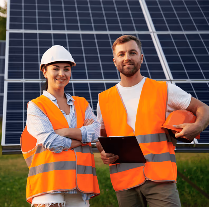 Mann und Frau in orangener Warnweste vor Solarnlage lächeln