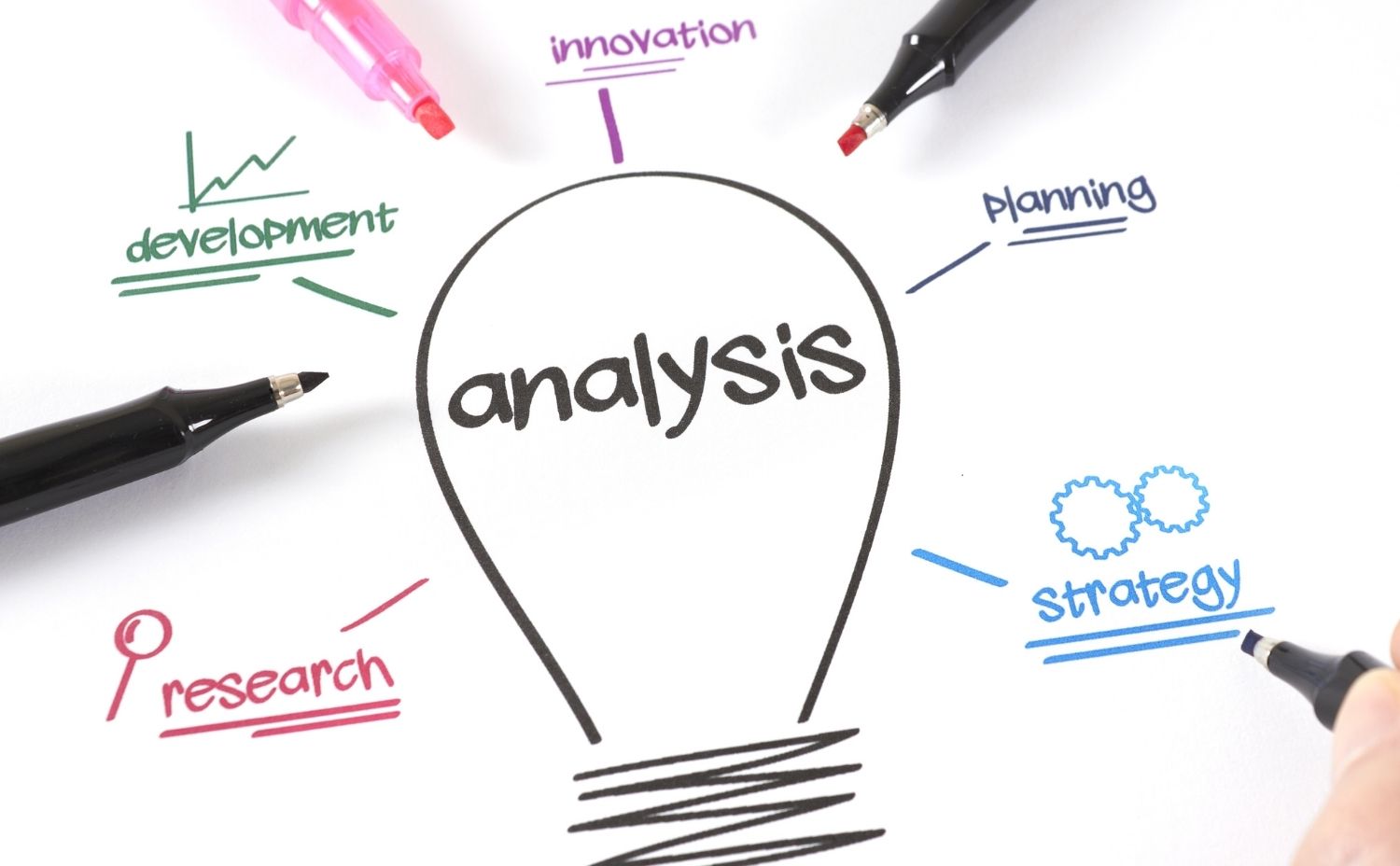 Illustration of lightbulb with analysis in the middle