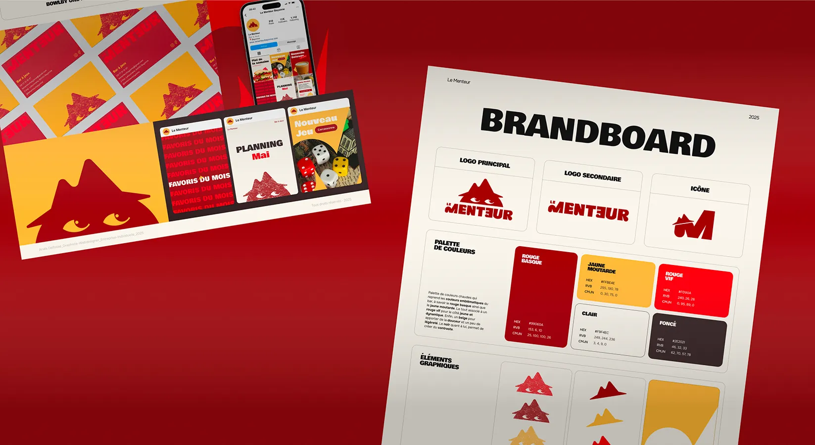 Brandboard réalisé pour le bar à jeux Le Menteur