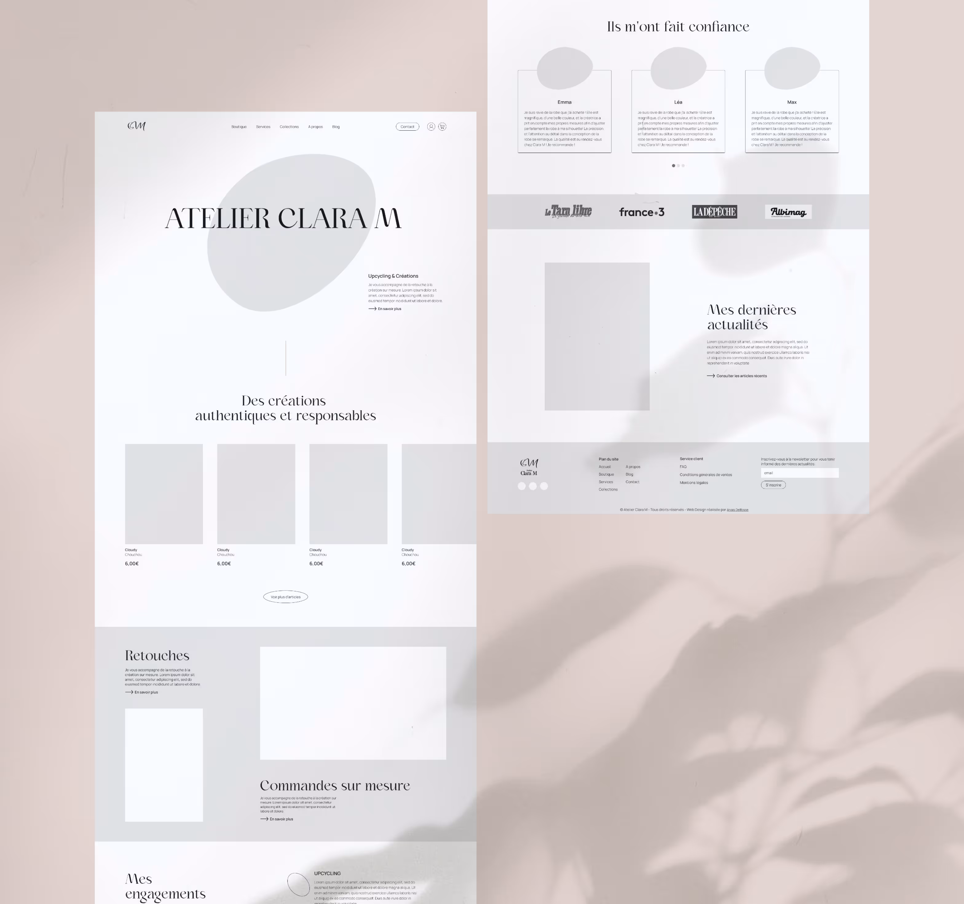 Wireframe du site web Atelier Clara M