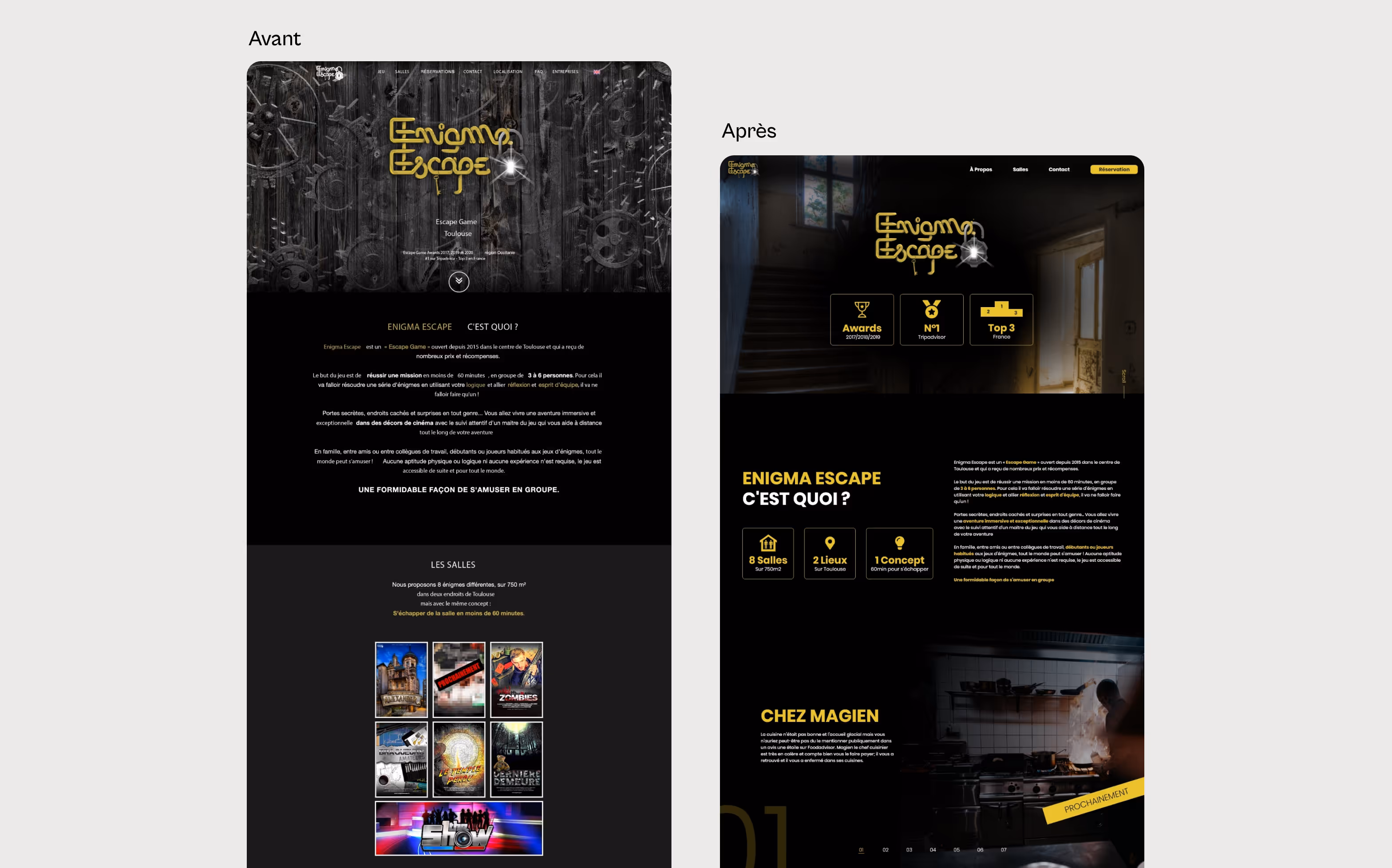 Comparatif avant/après du site web Enigma Escape