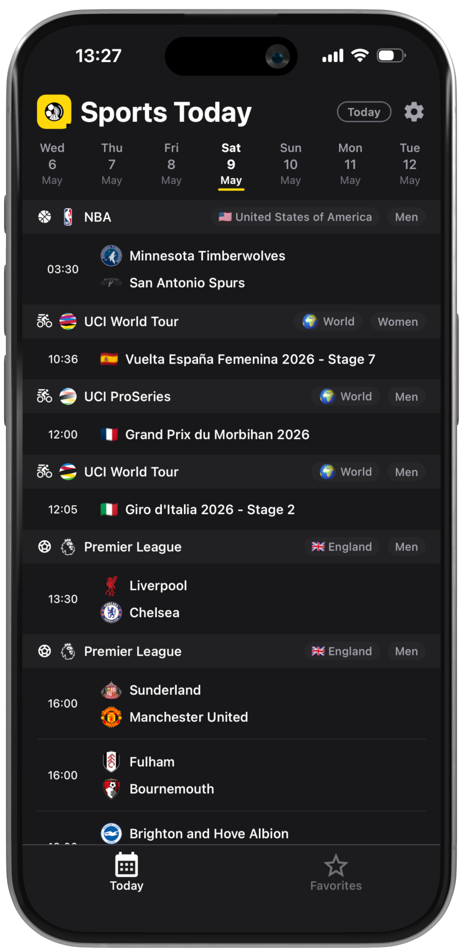 Sports Today app – upcoming events view