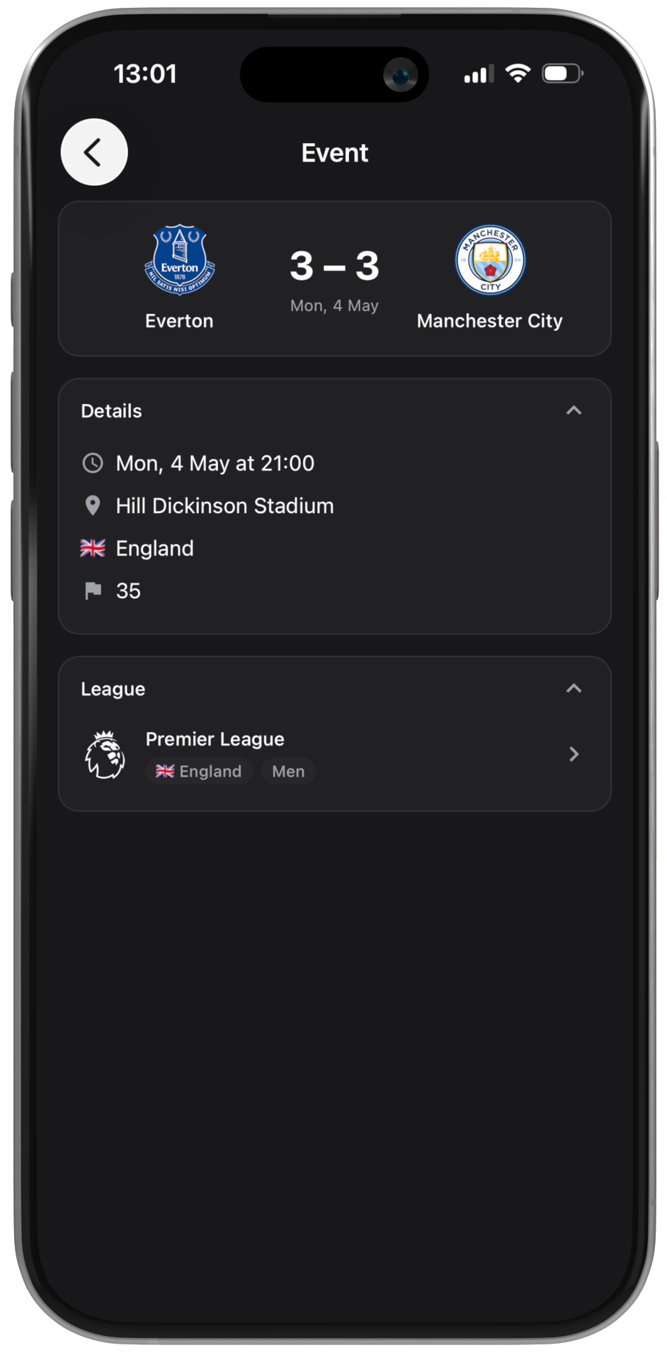 Sports Today app – scores view