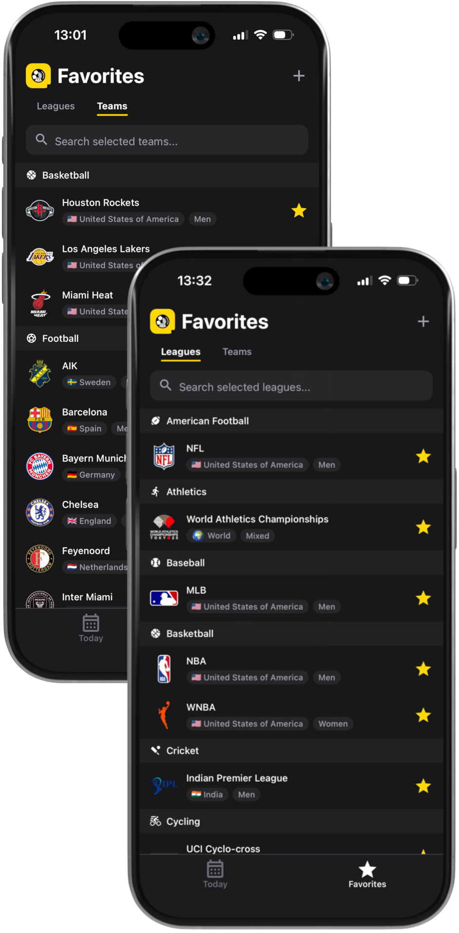 Sports Today app – leagues and teams selection