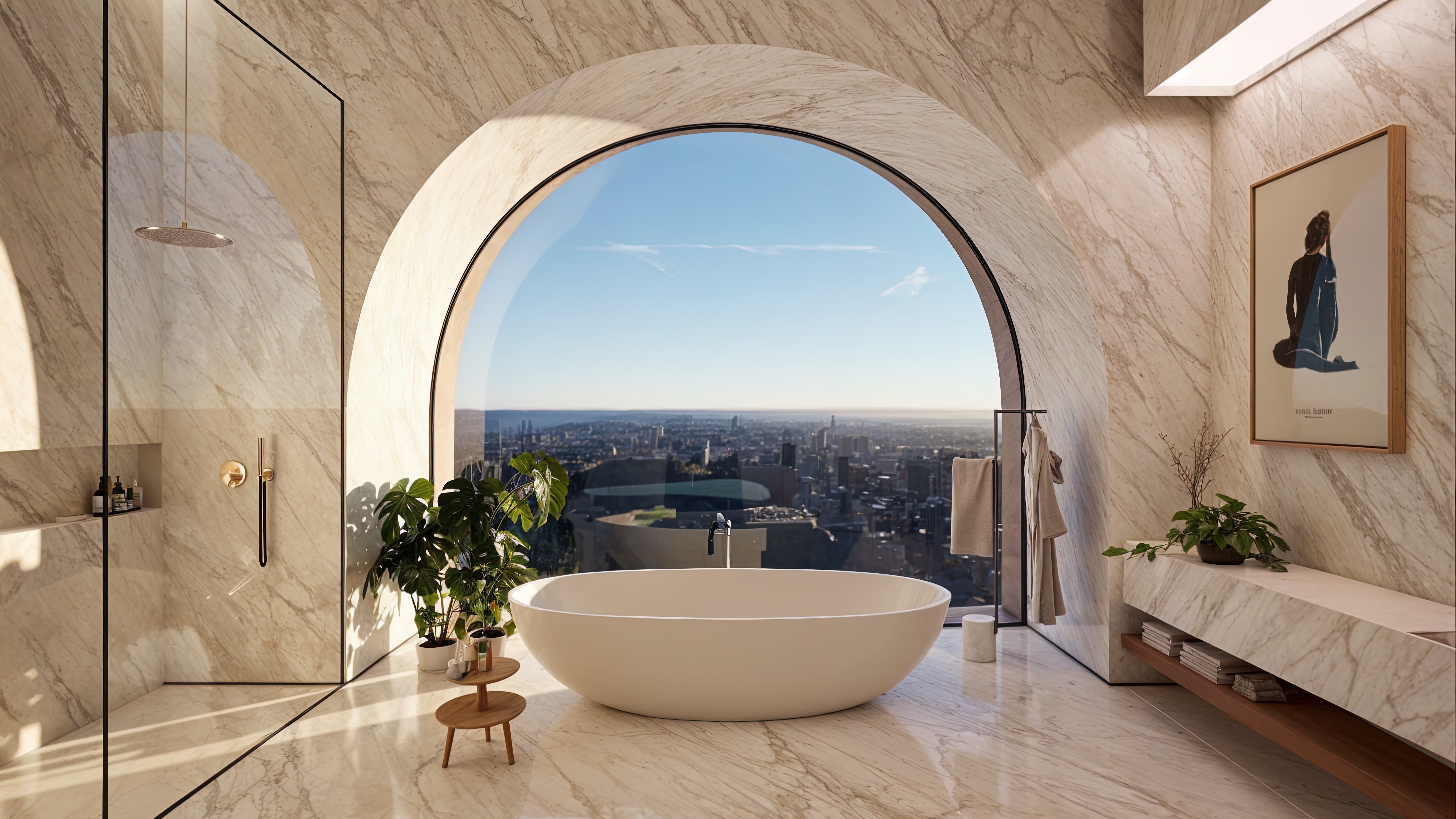 Baño moderno con bañera blanca frente a ventana arqueada con vista panorámica de ciudad