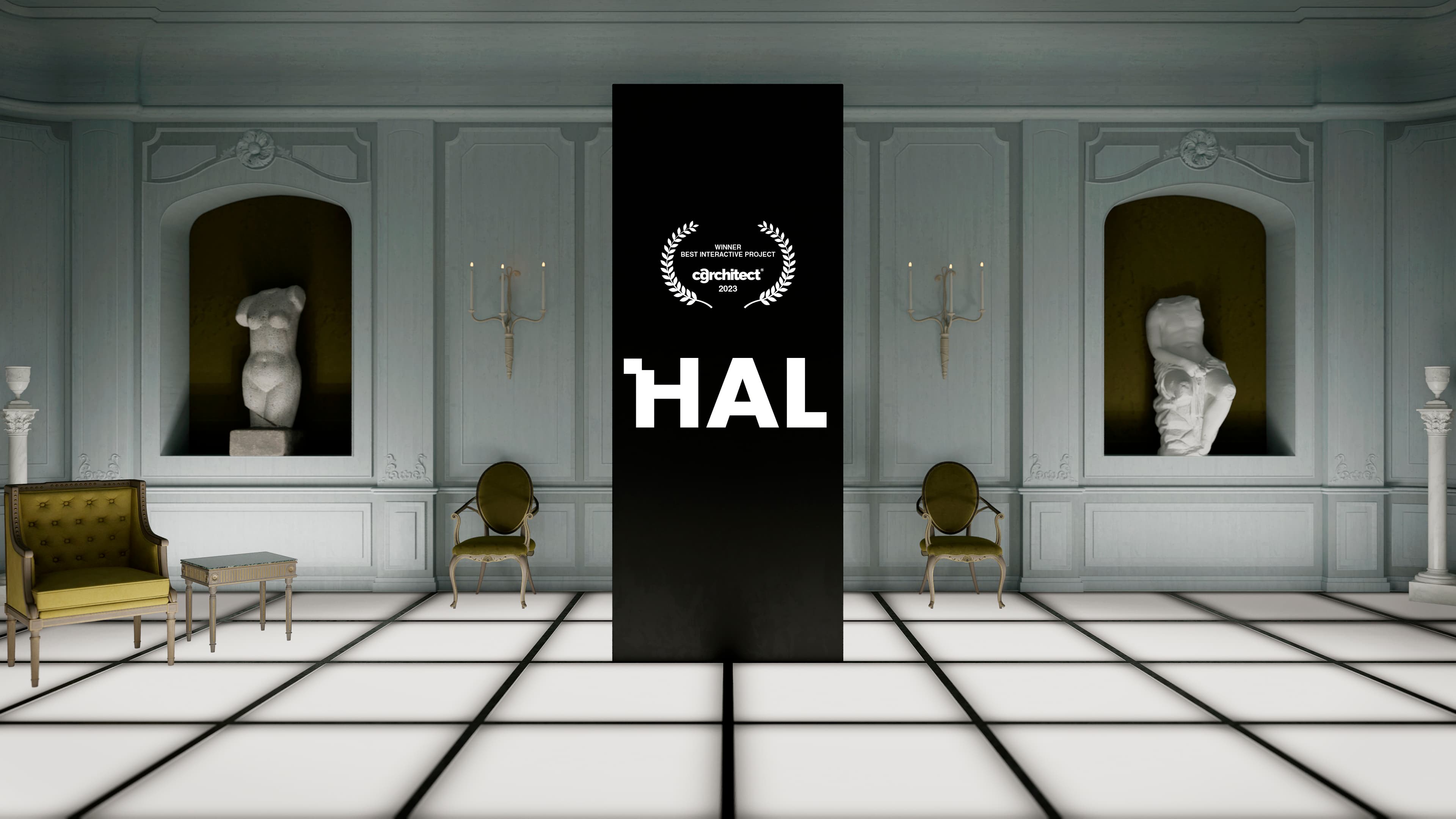 Salón elegante con piso blanco iluminado, sillas clásicas y esculturas sin cabeza en nichos, de la película 2001 Odisea en el espacio