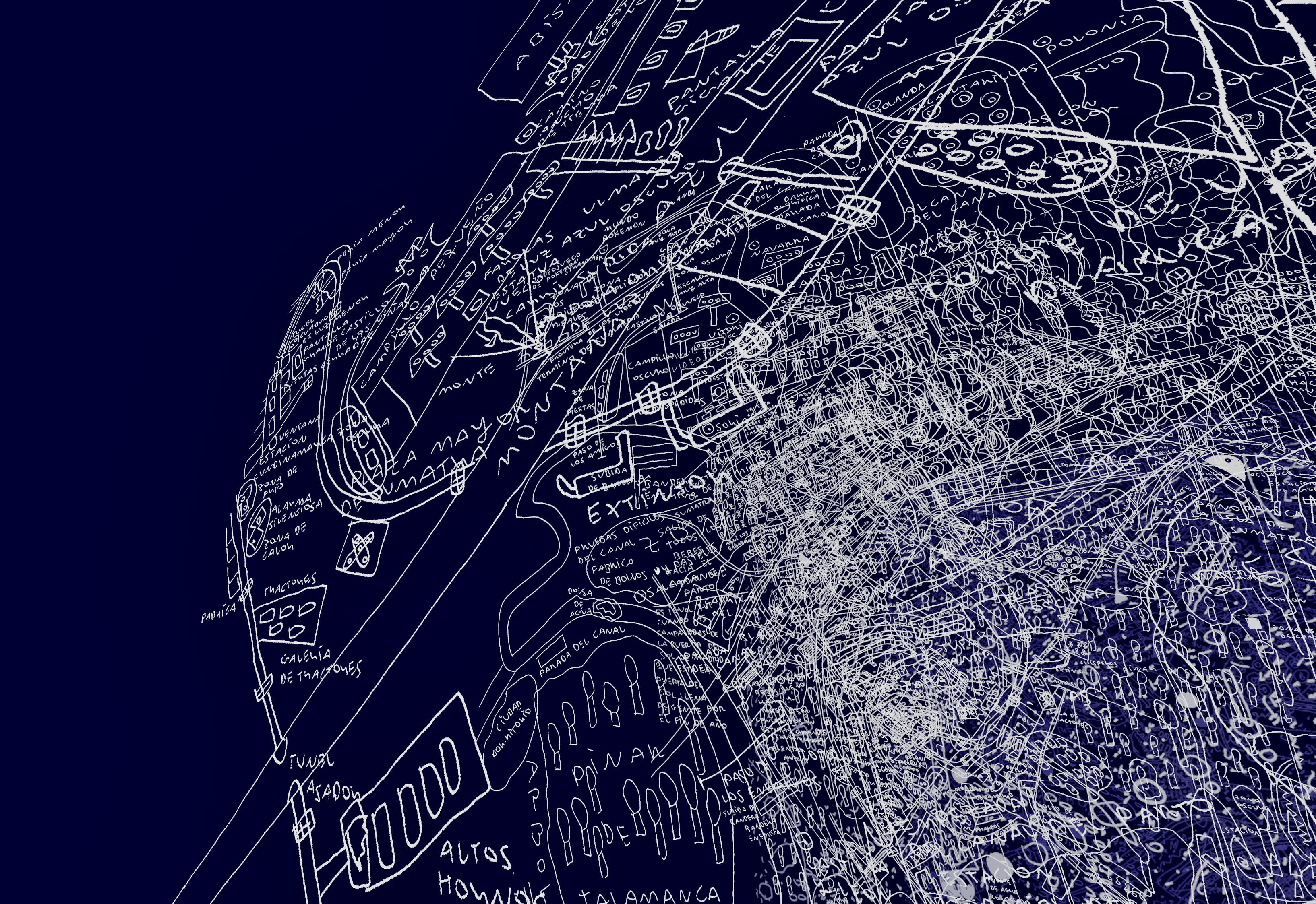 Mapa dibujado a mano con diagramas, palabras en español y líneas blancas sobre fondo azul oscuro.