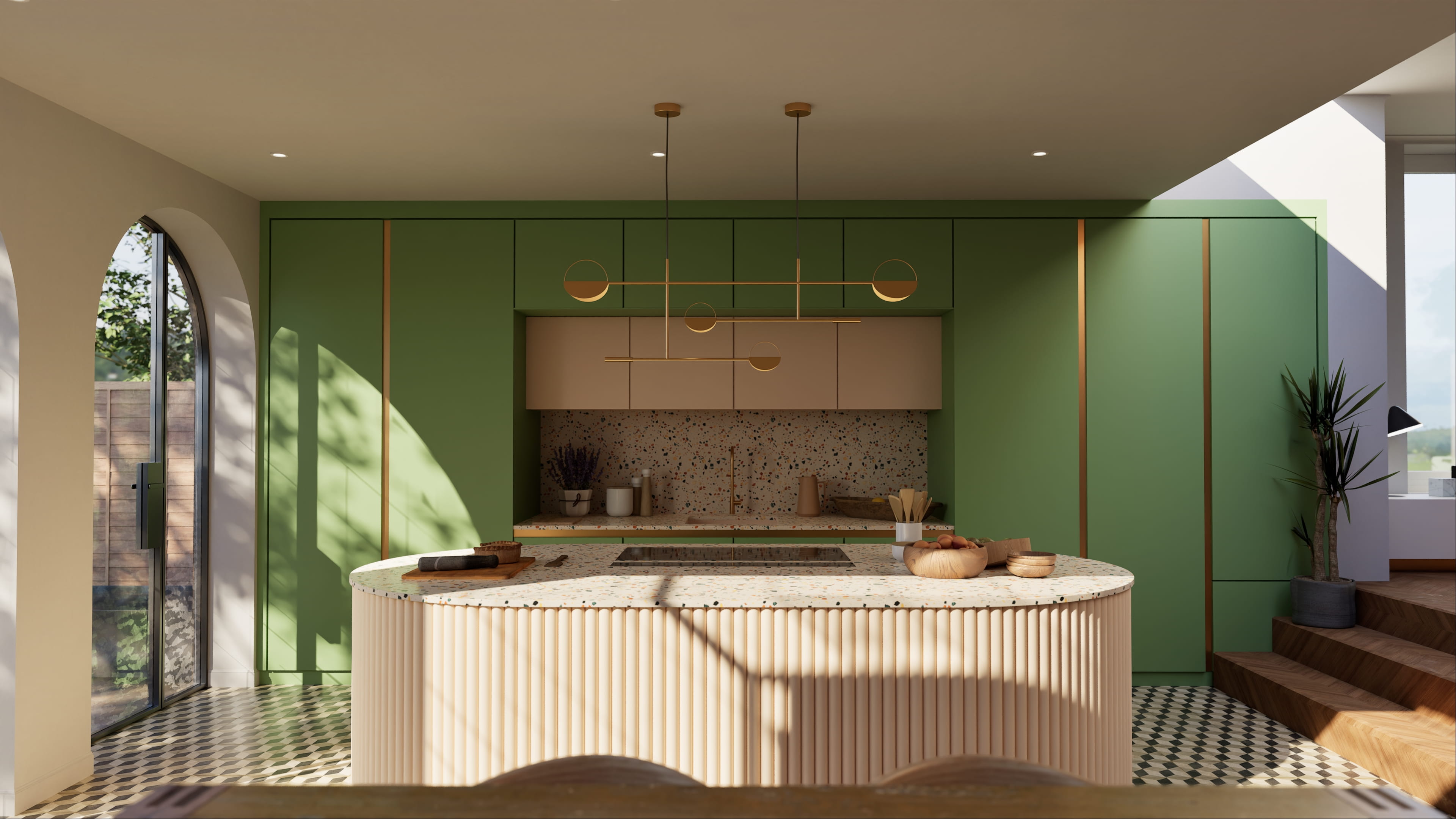 Cocina moderna con isla curva y armarios verdes, luz natural y decoración minimalista.