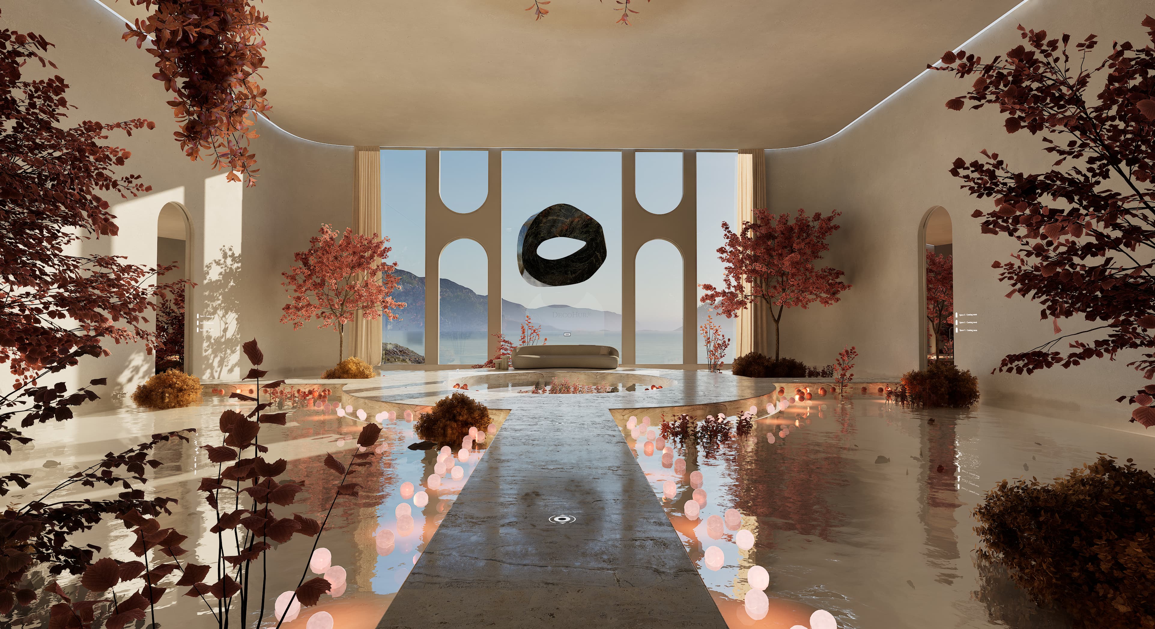 Salón moderno con árboles de hojas rojas, piscina interior y vistas de montaña y mar al fondo.