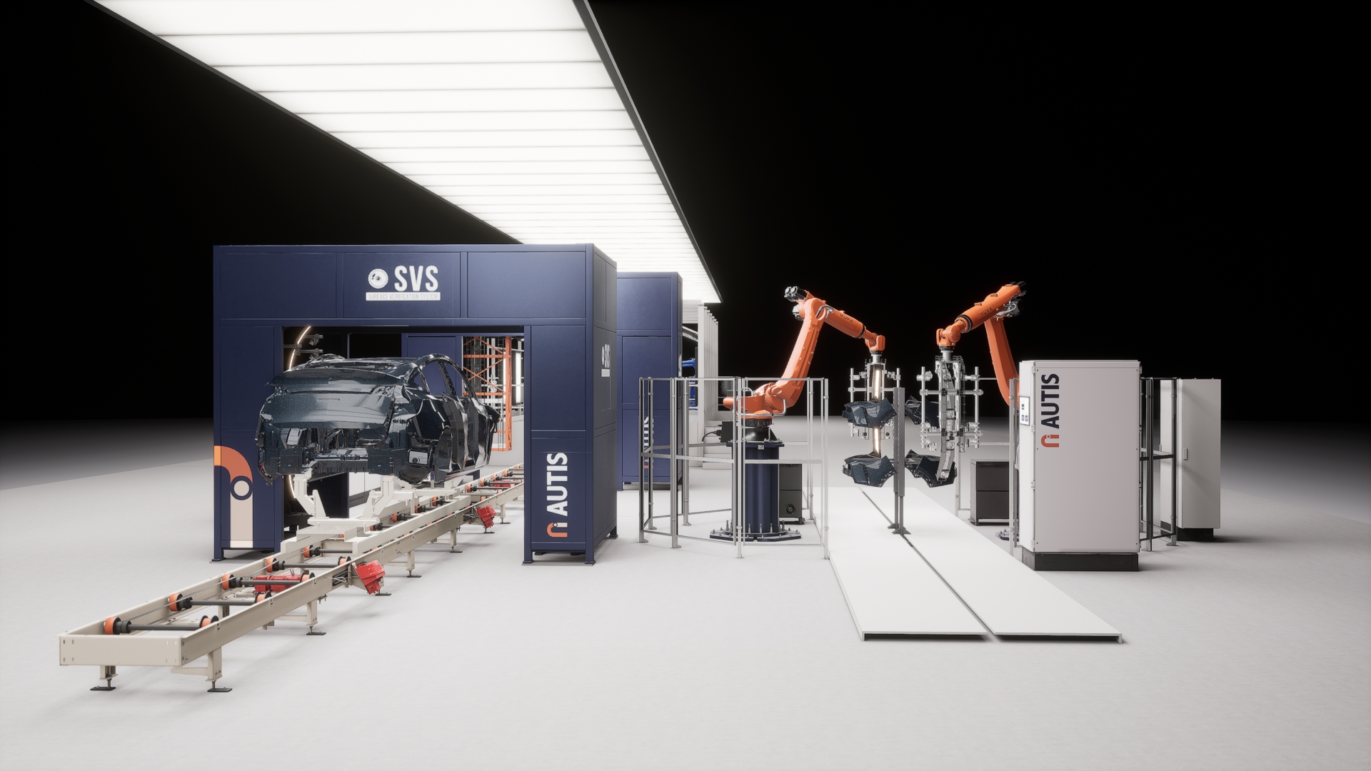Sistema automatizado de inspección con robots naranjas y chasis de coche en cinta transportadora.
