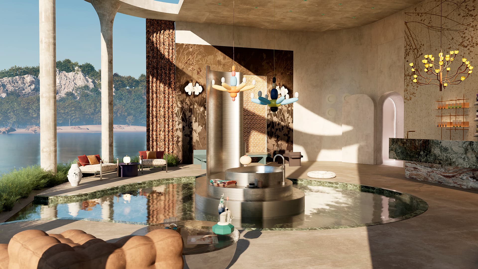 Sala con piscina interior redonda, muebles modernos y vista a lago y montañas al fondo.